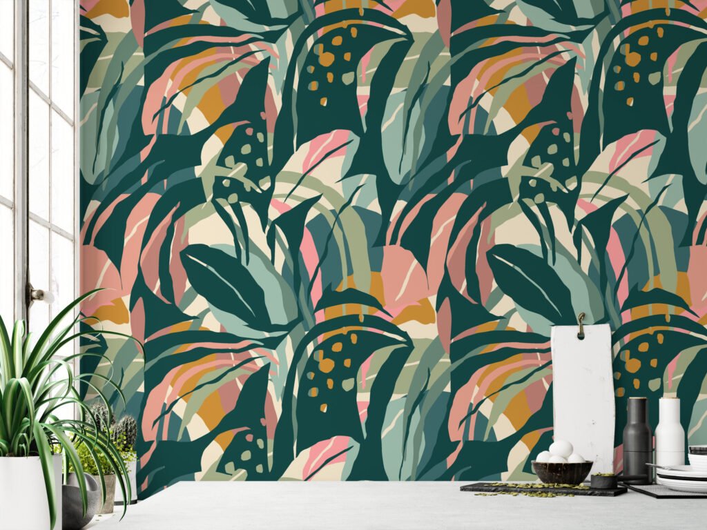 Soyut Egzotik Büyük Yapraklar Duvar Kağıdı, Modern Sanatsal Yaprak Tasarımı 3D Duvar Posteri Tropikal Duvar Kağıtları 3