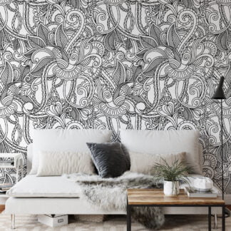 Paisley Siyah Line Art Duvar Kağıdı, Tek Renkli Şık Duvar Kağıdı Line Art Duvar Kağıdı