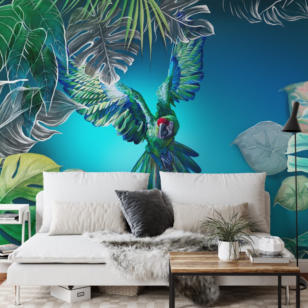 Büyük Papağan ve Monstera Yaprakları Mavi Zeminli Duvar Kağıdı, Canlı Tropikal Duvar Posteri Hayvan Motifli Duvar Kağıtları 3