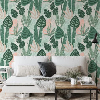 Monstera Yaprakları Yeşil Soyut Flat Art Duvar Kağıdı, Huzurlu Tropikal 3D Duvar Posteri Tropikal Duvar Kağıtları
