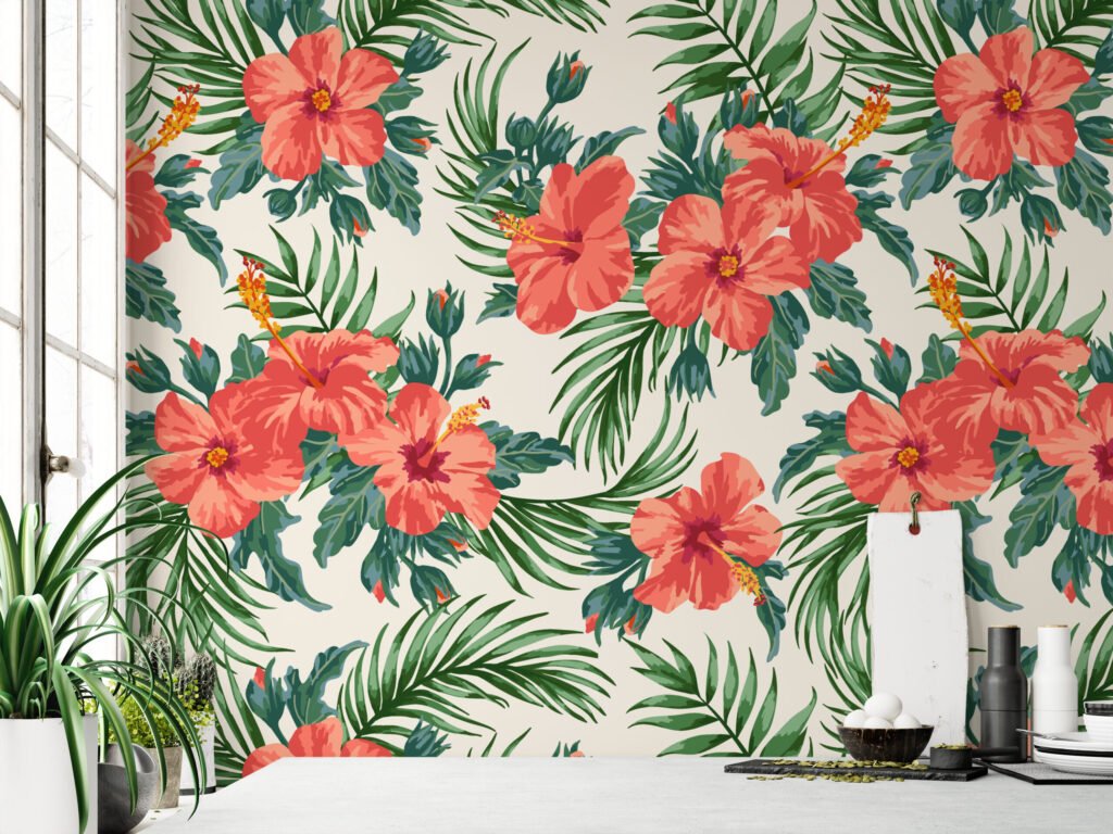 Şeftali Pembe Çiçek ve Yaprak Desenli Duvar Kağıdı Tasarımı, Yemyeşil Tropik Duvar Posteri Çiçekli Duvar Kağıtları 4