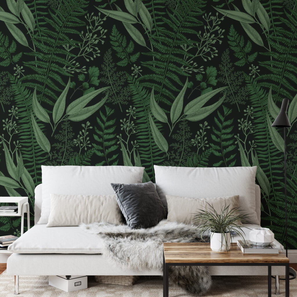 Koyu Yeşil Doğal Yapraklar Siyah Zemin Üzerinde Duvar Kağıdı, Mistik Orman Yaprakları Duvar Posteri Çiçekli Duvar Kağıtları 4