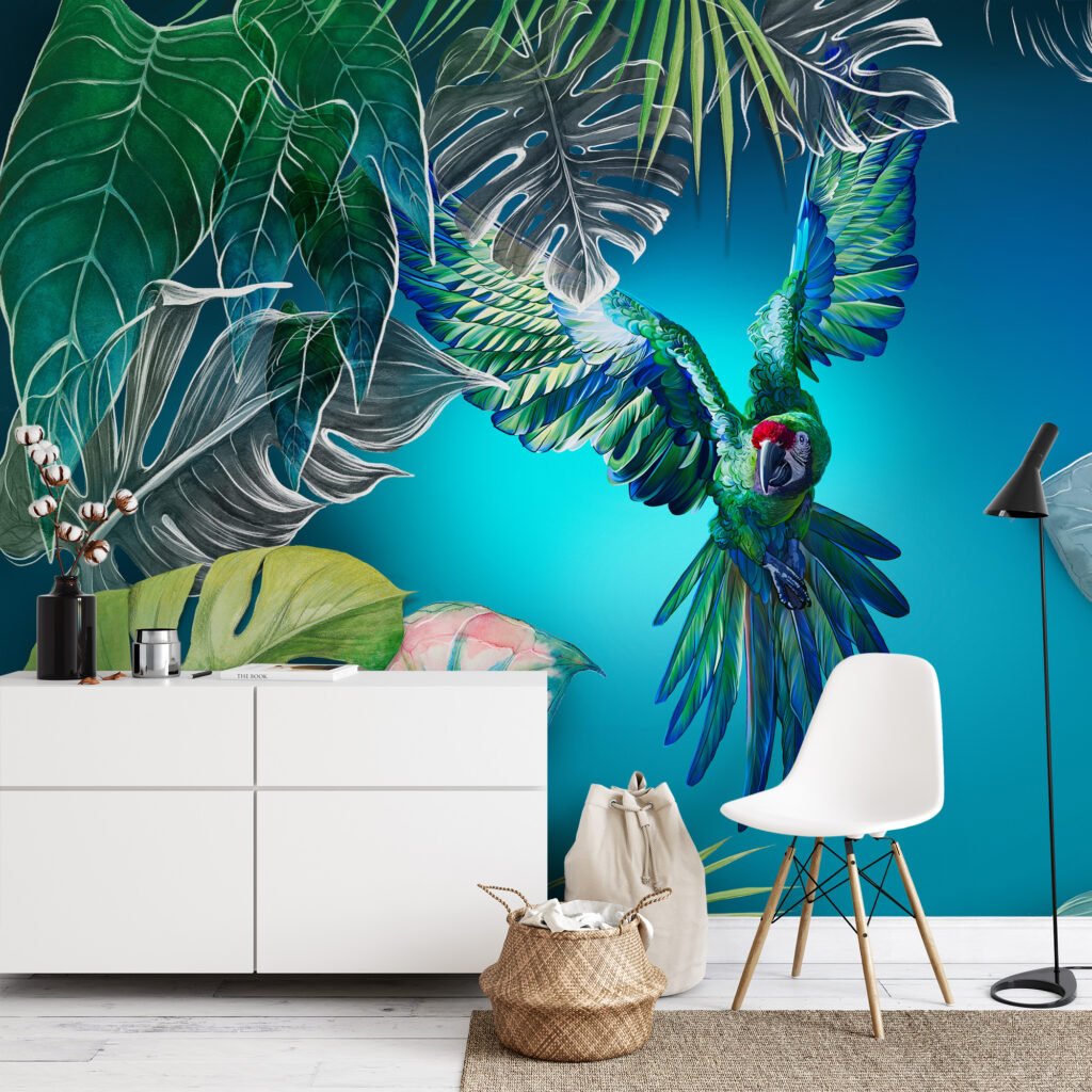 Büyük Papağan ve Monstera Yaprakları Mavi Zeminli Duvar Kağıdı, Canlı Tropikal Duvar Posteri Hayvan Motifli Duvar Kağıtları 4