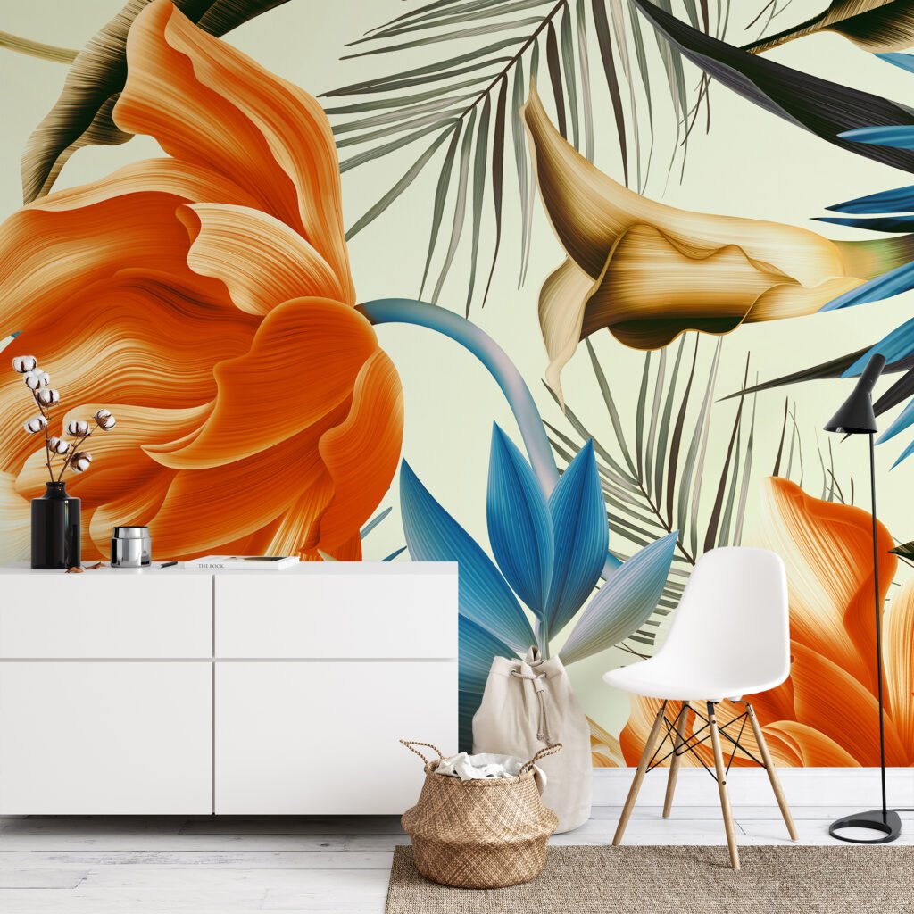 Büyük Tropikal Portakal Çiçekleri Mavi Yapraklarla Duvar Kağıdı, Canlı Botanik Zarif Duvar Posterleri Çiçekli Duvar Kağıtları 3