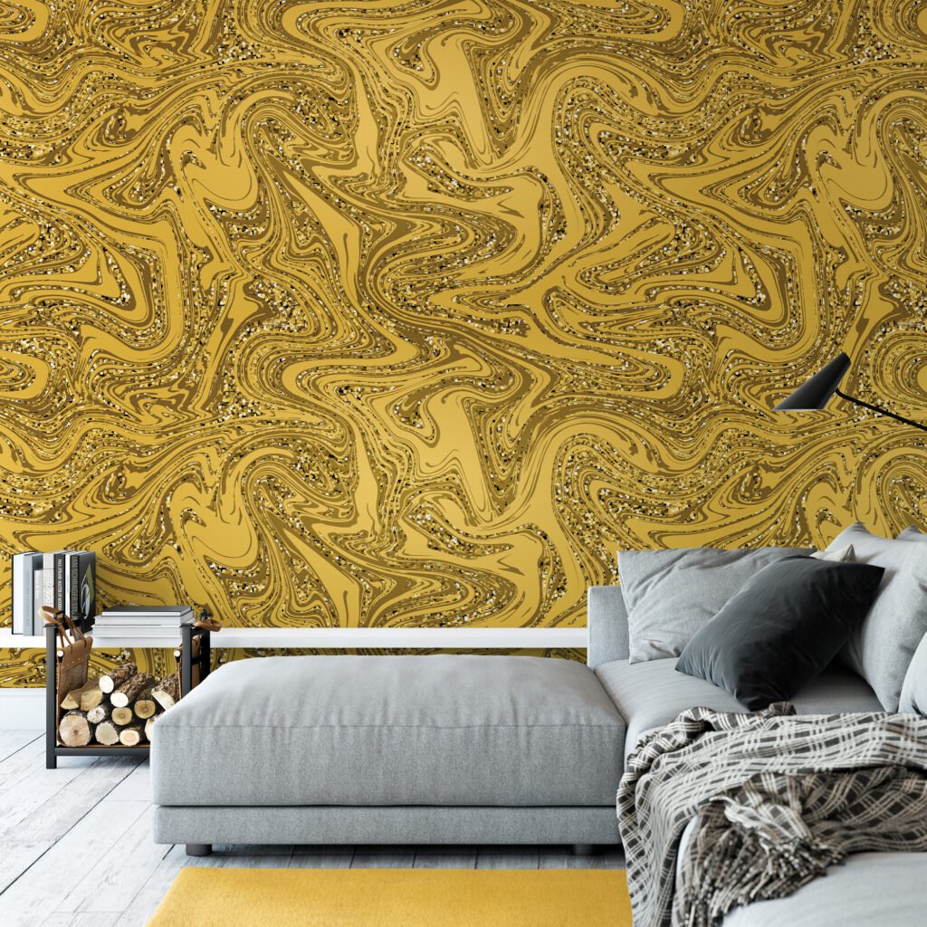 Parıltılı Altın Sarısı Mermer Desenli Duvar Kağıdı, Soyut Sıvı Altın Dalgalar Duvar Kağıdı Mürekkep Sanatı Duvar Kağıtları 3