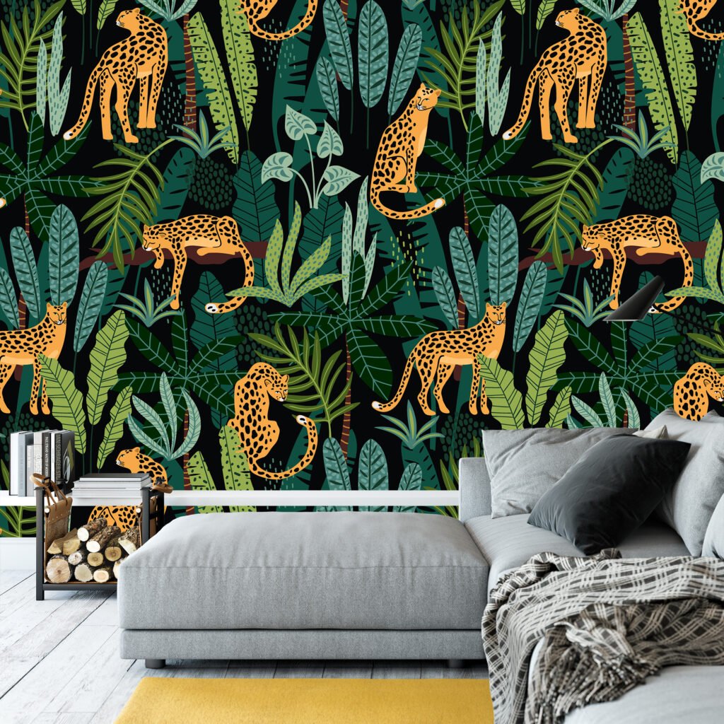 Retro Tropikal İllüstrasyonlarla Leoparlar Duvar Kağıdı, Egzotik Orman İlhamı Tropikal 3D Duvar Posteri Hayvan Motifli Duvar Kağıtları 2