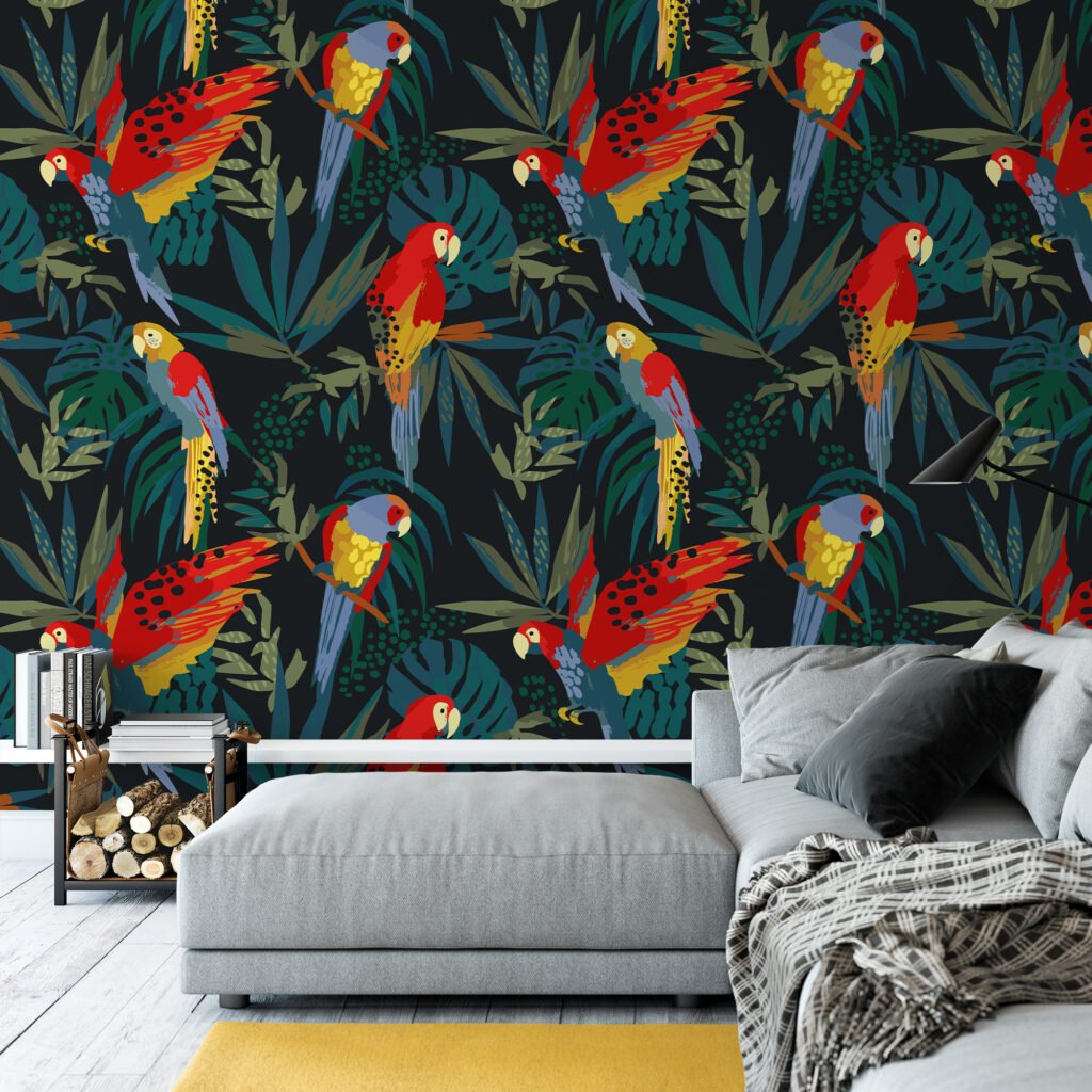Karanlık Ormanda Papağanlar Duvar Kağıdı, Canlı Papağan Cenneti 3D Duvar Posteri Hayvan Motifli Duvar Kağıtları 4