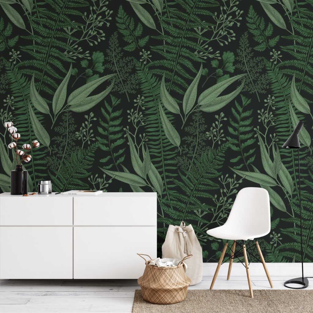 Koyu Yeşil Doğal Yapraklar Siyah Zemin Üzerinde Duvar Kağıdı, Mistik Orman Yaprakları Duvar Posteri Çiçekli Duvar Kağıtları 3