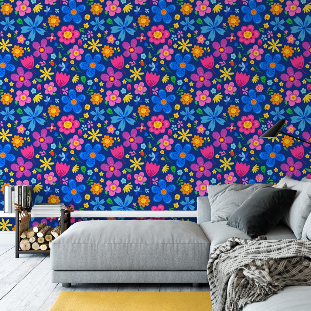 Canlı Renkli Halk Sanatı Çiçek İllüstrasyonu Duvar Kağıdı, Neşeli Çayır Çiçekli Duvar Posteri Çiçekli Duvar Kağıtları 2
