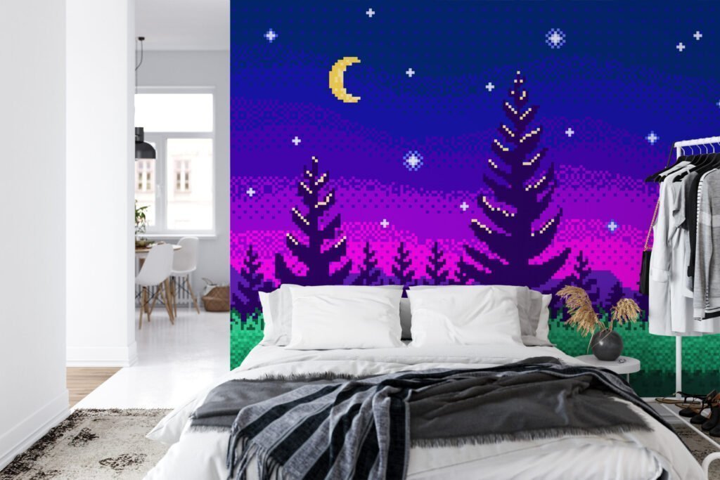 Pixel Art Gece Ağaçları Mor Gradyan Arka Plan Duvar Kağıdı, Piksel Yıldızlı Gece Ormanı 3D Duvar Posteri Pixel Art Duvar Kağıtları 6