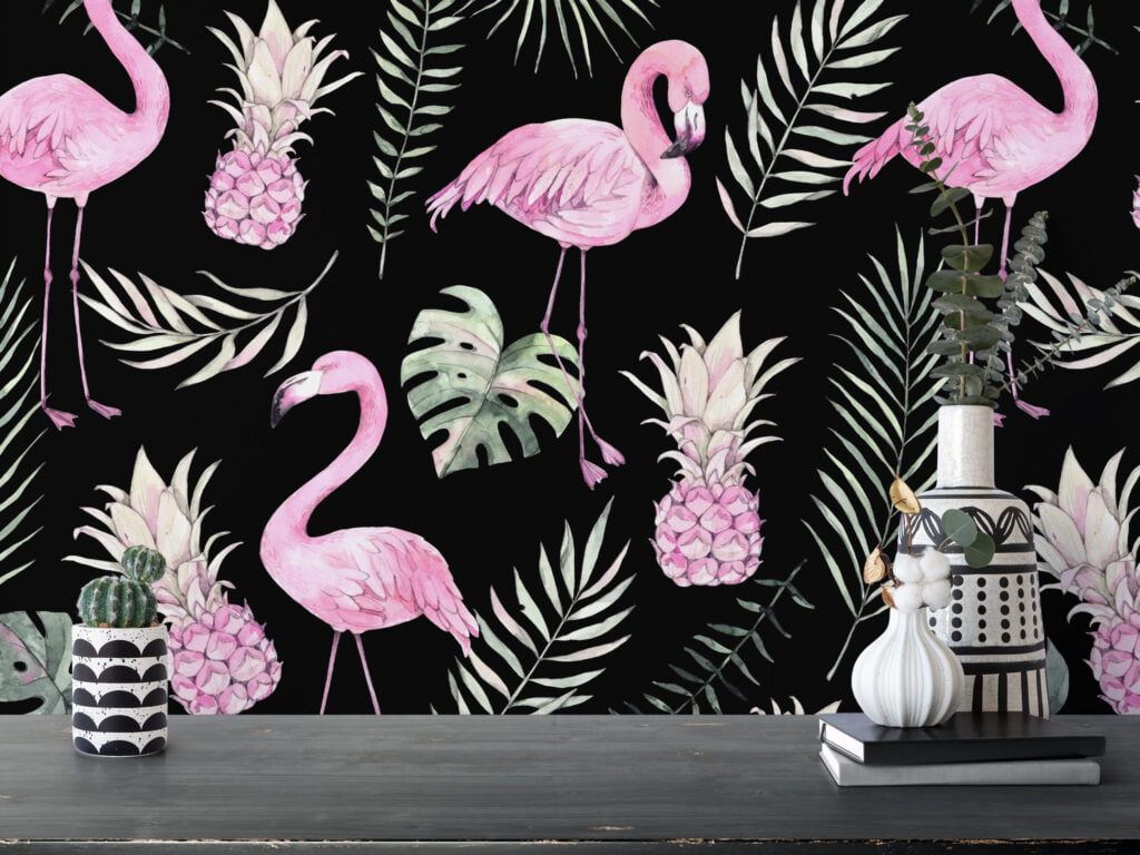 Sulu Boya Pembe Flamingolar Tropikal Yapraklar Duvar Kağıdı, Zarif Tropikal 3D Duvar Posteri Hayvan Motifli Duvar Kağıtları 3