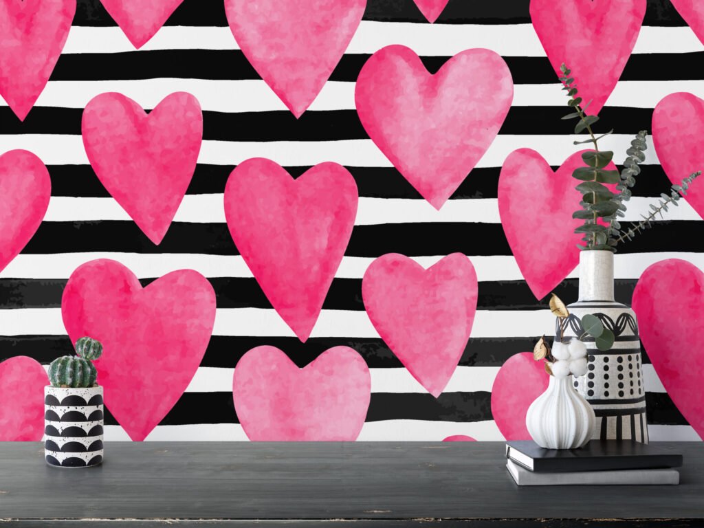 Sulu Boya Tarzı Pembe Kalpler Çizgi Desenli Duvar Kağıdı, Pembe Kalpler 3D Duvar Posteri Çocuk Odası Duvar Kağıtları 4