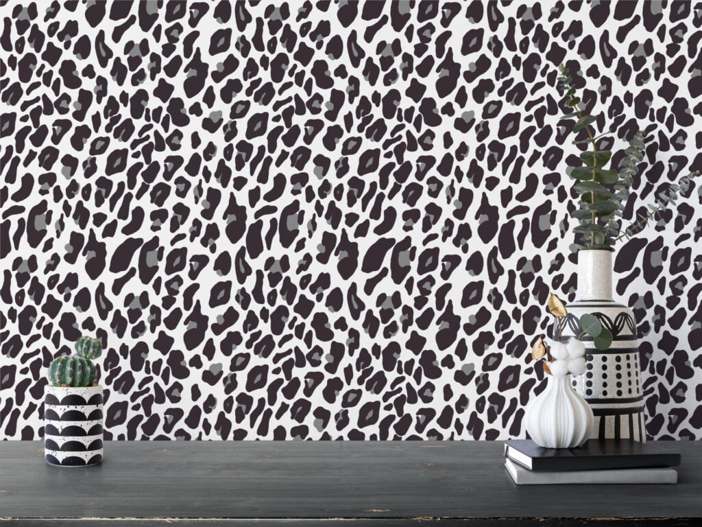 Beyaz Gri Leopar Jaguar Derisi Desenli Duvar Kağıdı, Monokrom Leopar Benekli Duvar Posteri Hayvan Motifli Duvar Kağıtları 4