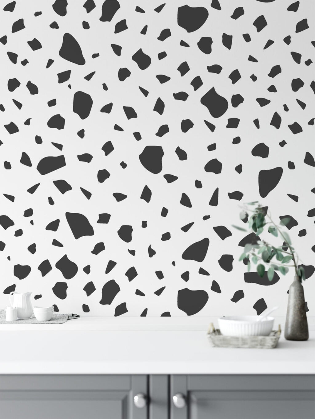 Koyu Gri Blok Desenli Duvar Kağıdı, Minimalist Terrazzo Siyah & Beyaz 3D Duvar Kağıdı Geometrik Duvar Kağıtları 5