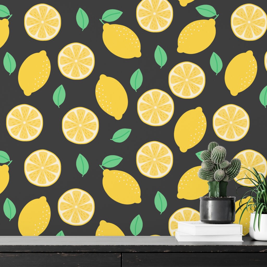Flat Art Limon Deseni Mint Arka Planlı Duvar Kağıdı, Canlı Limon Bahçesi 3D Duvar Kağıdı Yiyecek & İçecek Duvar Kağıtları 3