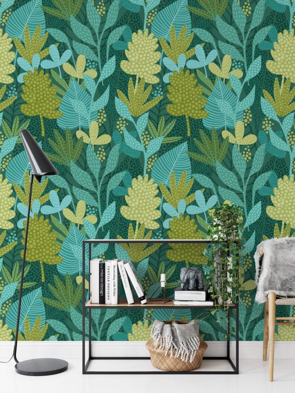 Flat Art Yeşil Tonlu Bitkiler Duvar Kağıdı, Büyülü Tropikal Orman 3D Duvar Posteri Tropikal Duvar Kağıtları 3