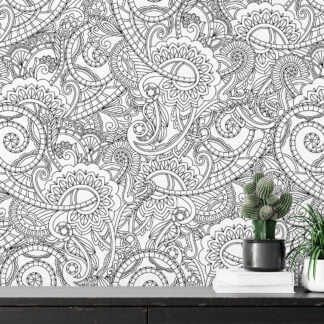 Siyah Paisley Çizgi Tasarım Duvar Kağıdı, Tek Renkli Zarif Paisley Duvar Kağıdı Line Art Duvar Kağıdı