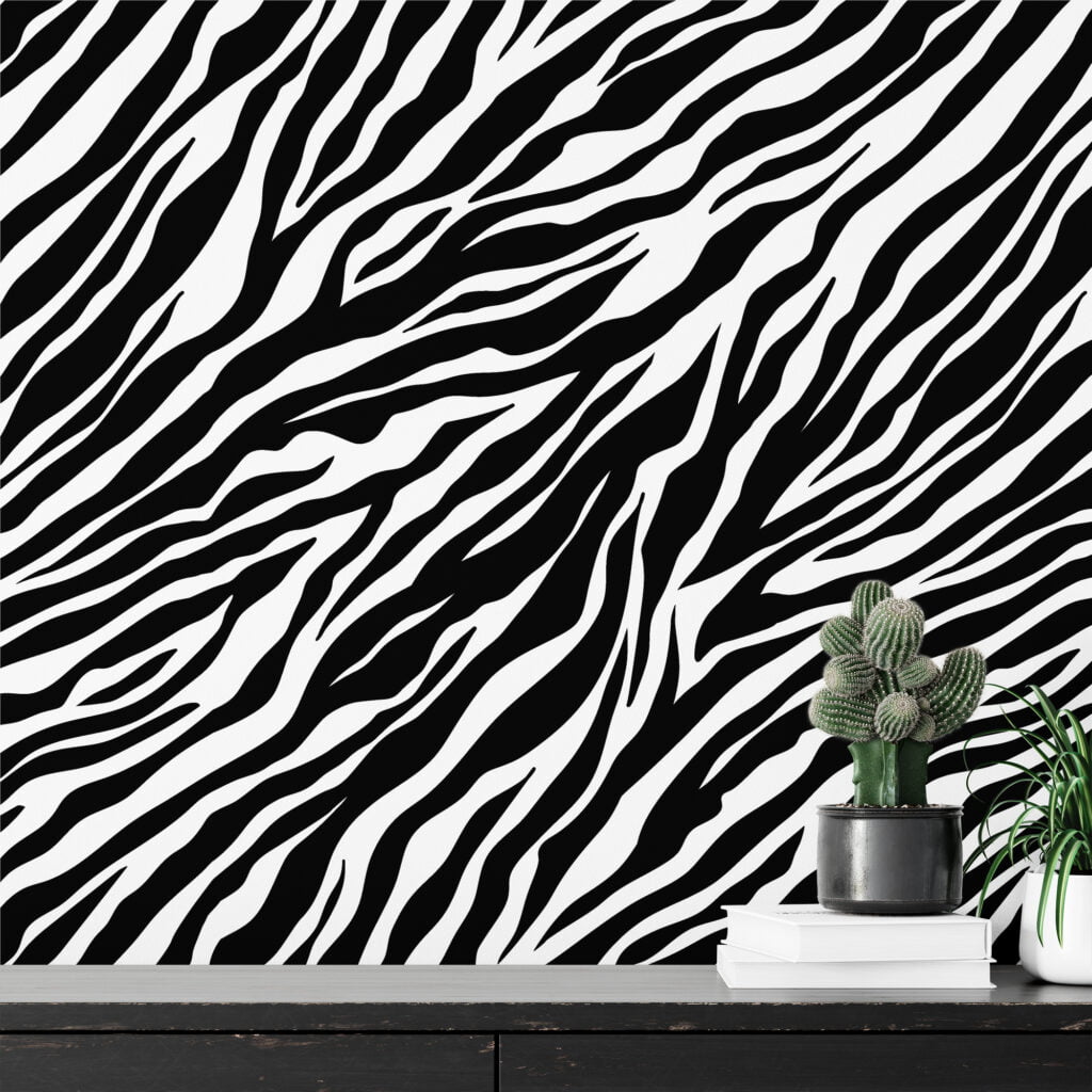 Zebra Derisi Baskı Deseni Duvar Kağıdı, Klasik Siyah & Beyaz Çizgili Tasarım 3D Duvar Kağıdı Hayvan Motifli Duvar Kağıtları 3
