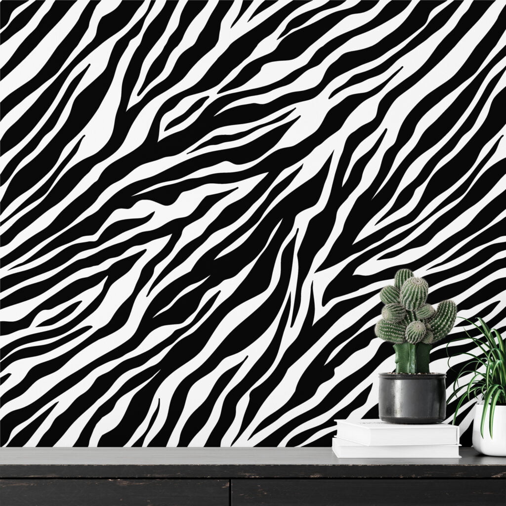 Zebra Derisi Baskı Deseni Duvar Kağıdı, Klasik Siyah & Beyaz Çizgili Tasarım 3D Duvar Kağıdı Hayvan Motifli Duvar Kağıtları 3