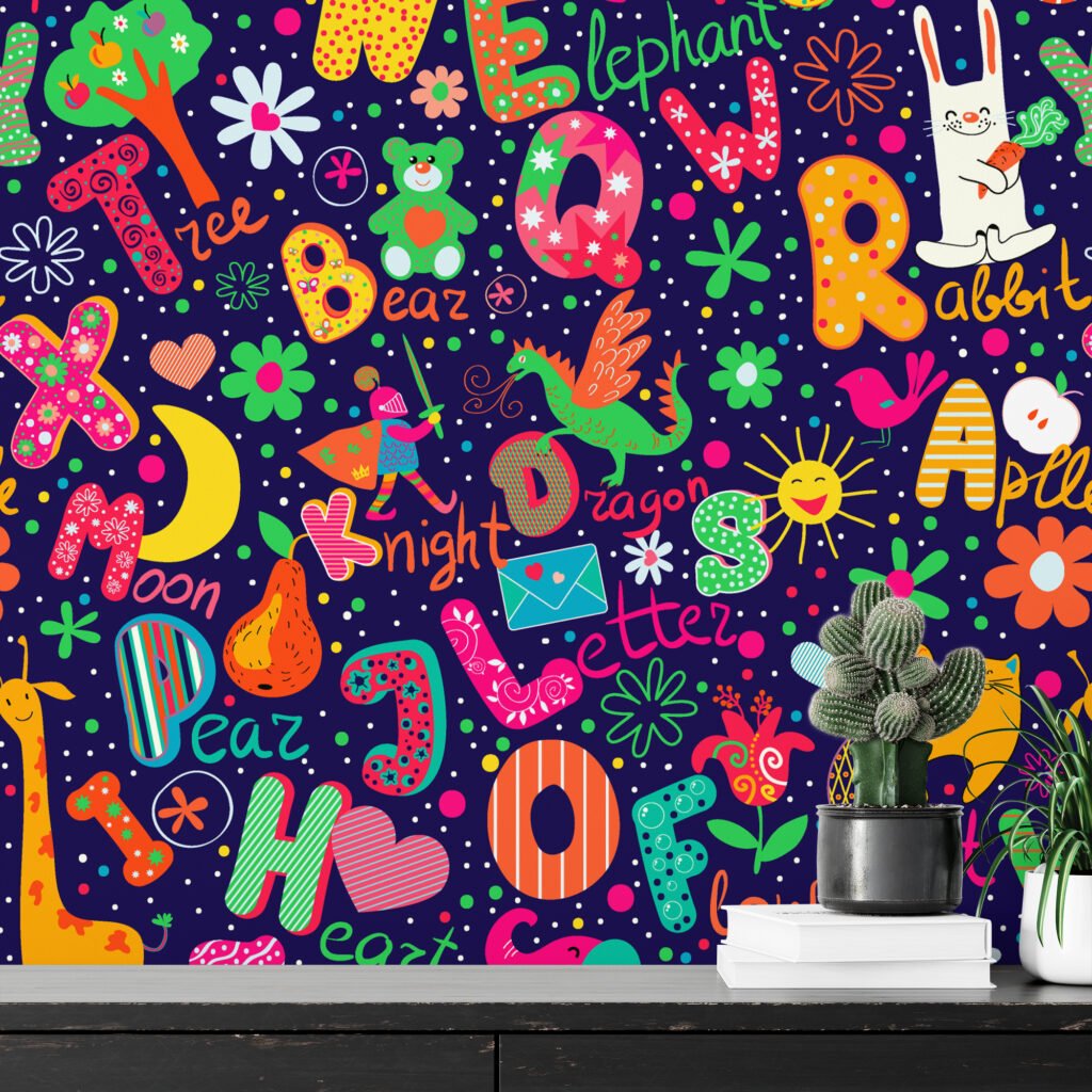 Alfabe ve Hayvanlar Çocuk Odası Duvar Kağıdı, Rengarenk Harfler Bebek Odası 3D Duvar Posteri Bebek Odası Duvar Kağıtları 3
