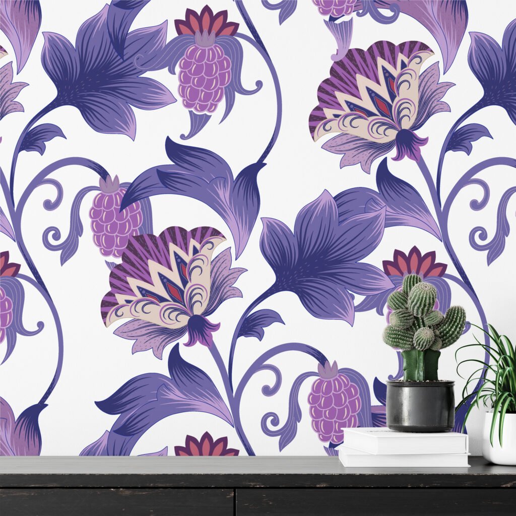 Mor Çiçekli Paisley Duvar Kağıdı, Artistik Mor Çiçek 3D Duvar Kağıdı Çiçekli Duvar Kağıtları 3
