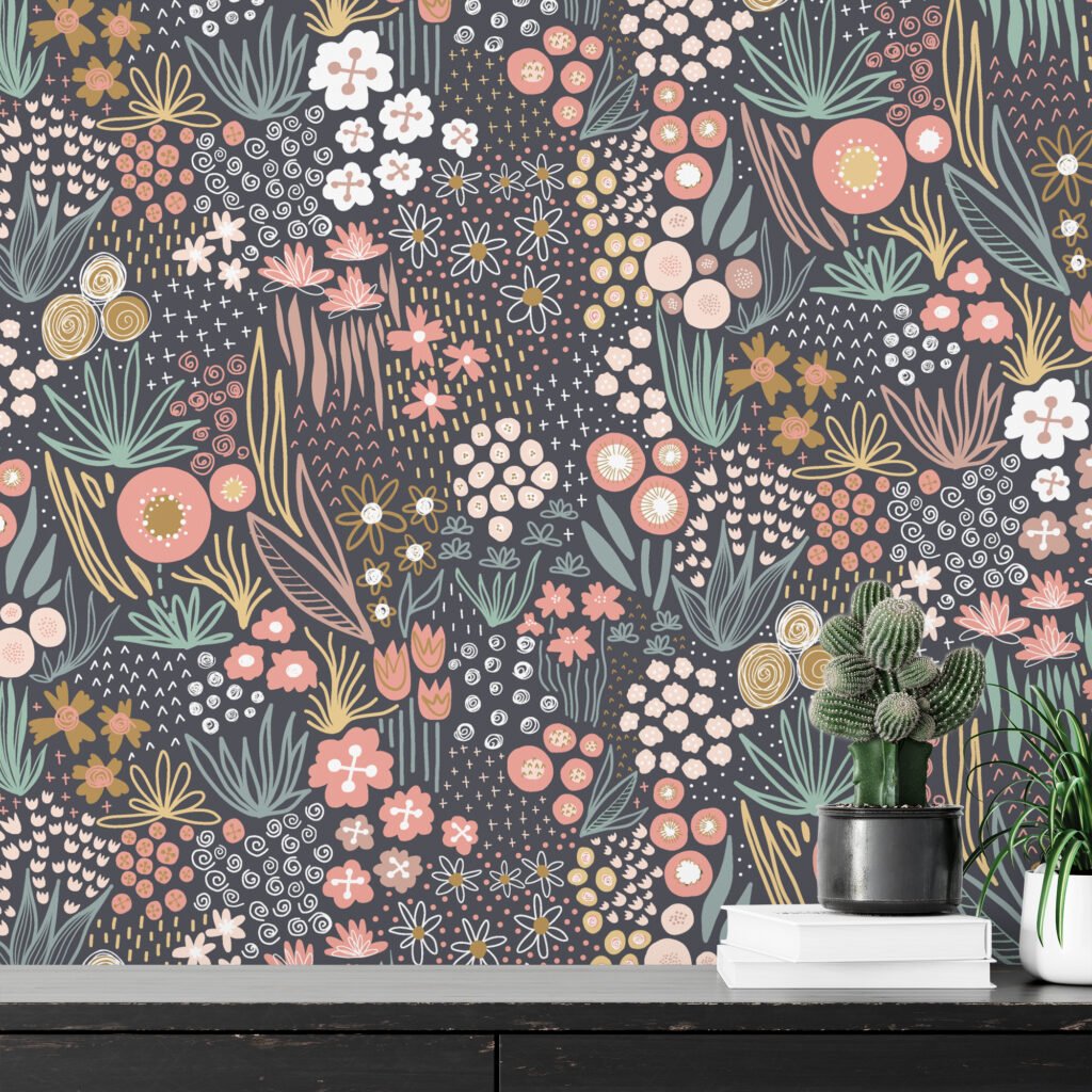 Kahverengi Zeminli Çiçek Tasarımı Duvar Kağıdı, Büyülü Orman Çiçekleri Duvar Posteri Çiçekli Duvar Kağıtları 6