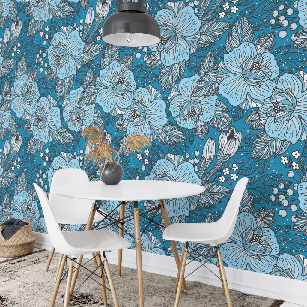 Mavi Renkli Çerçeveli Çiçek Desenli Duvar Kağıdı, Mavi Çiçek Tasarımı 3D Duvar Posteri Çiçekli Duvar Kağıtları 2