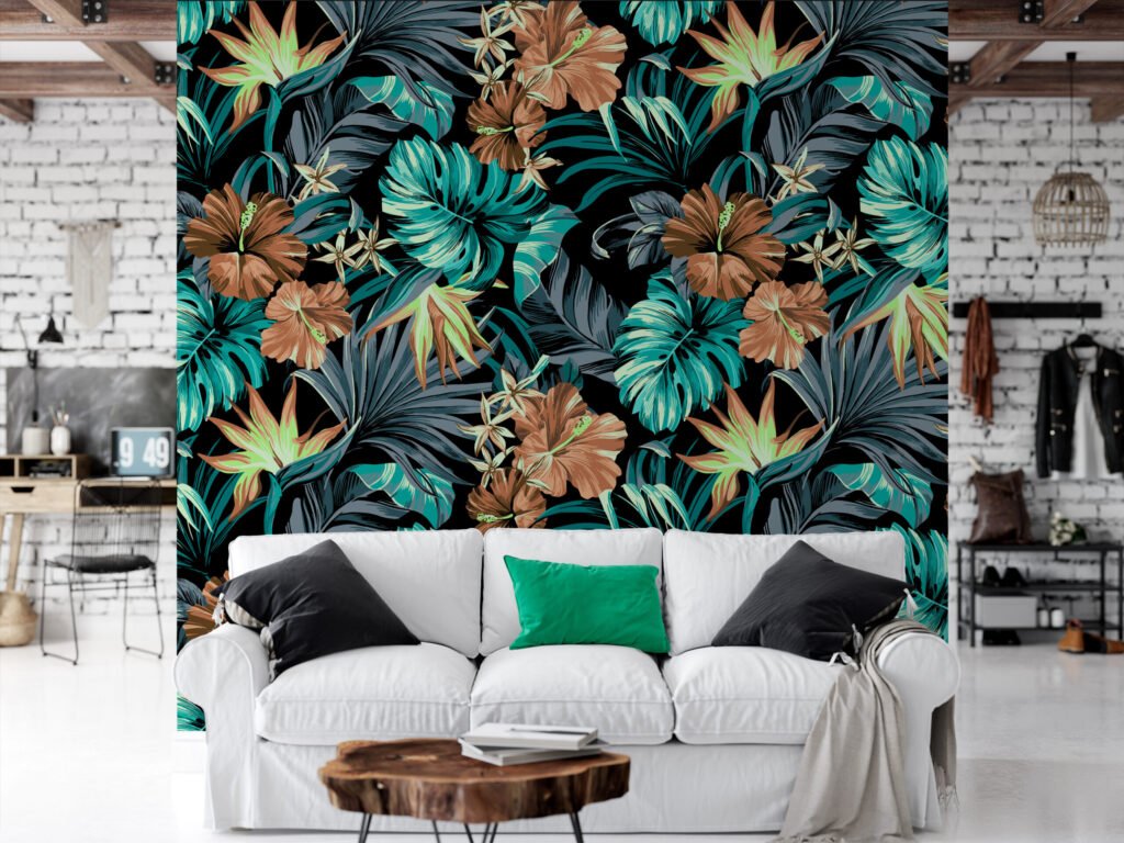 Siyah Arka Plan Üzerinde Tropikal Yapraklar ve Çiçekler Duvar Kağıdı, Egzotik Yeşil ve Kahverengi Flora Duvar Posteri Çiçekli Duvar Kağıtları 3
