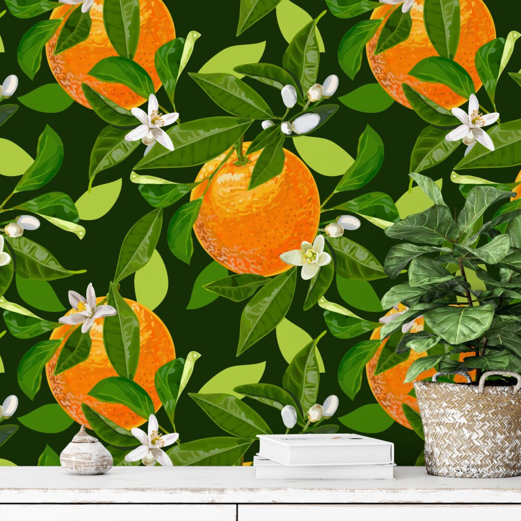 Portakal Desenli Duvar Kağıdı, Tropikal Taze Narenciye 3D Duvar Posteri Tropikal Duvar Kağıtları 3