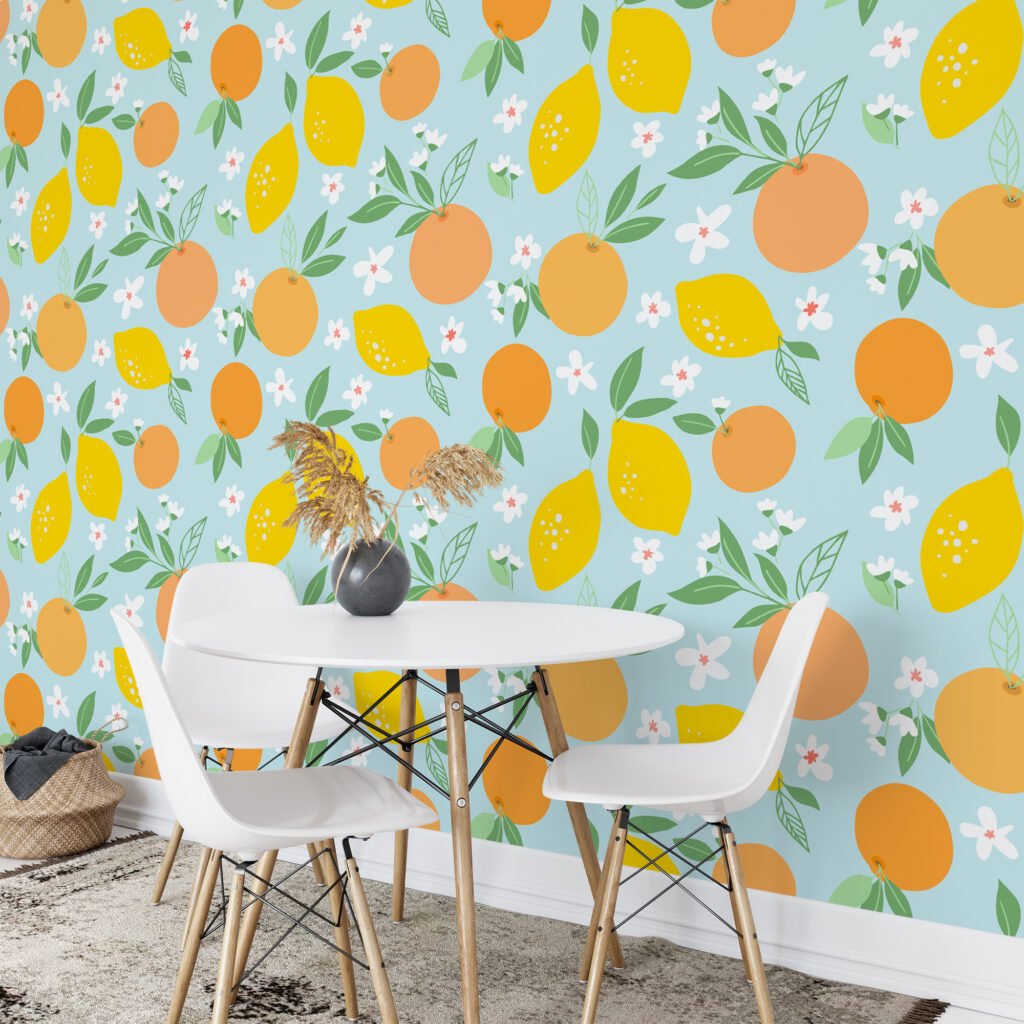 Portakallar ve Limonlar Duvar Kağıdı, Narenciye Çiçekleri 3D Duvar Kağıdı Yiyecek & İçecek Duvar Kağıtları 3