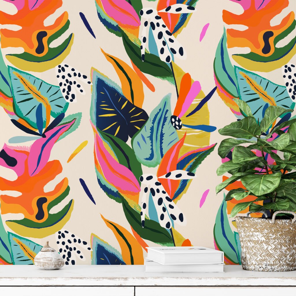 Soyut Renkli Yapraklar Duvar Kağıdı, Canlı Tropikal Çağdaş 3D Duvar Posteri Soyut Duvar Kağıtları 3
