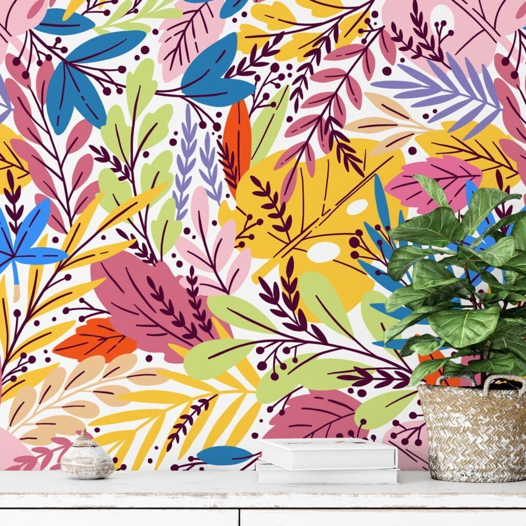 Renkli Yapraklar Duvar Kağıdı, Rengarenk Yaprak Desenli 3D Duvar Kağıdı Çiçekli Duvar Kağıtları 5