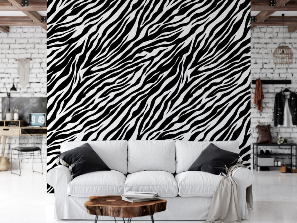 Zebra Derisi Baskı Deseni Duvar Kağıdı, Klasik Siyah & Beyaz Çizgili Tasarım 3D Duvar Kağıdı Hayvan Motifli Duvar Kağıtları 4