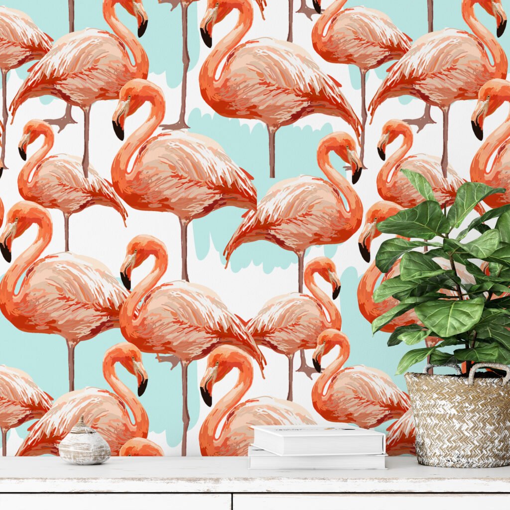 Zarif Soyut Flamingo Desenli Duvar Kağıdı, Tropikal Pembe Duvar Posteri Hayvan Motifli Duvar Kağıtları 4
