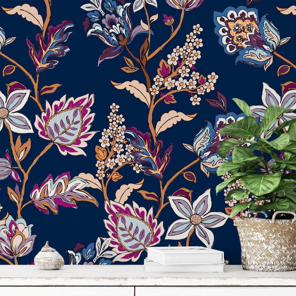 Floral Paisley Damask Desen Duvar Kağıdı, Zarif Koyu Lacivert Floral Duvar Posterleri Çiçekli Duvar Kağıtları 3