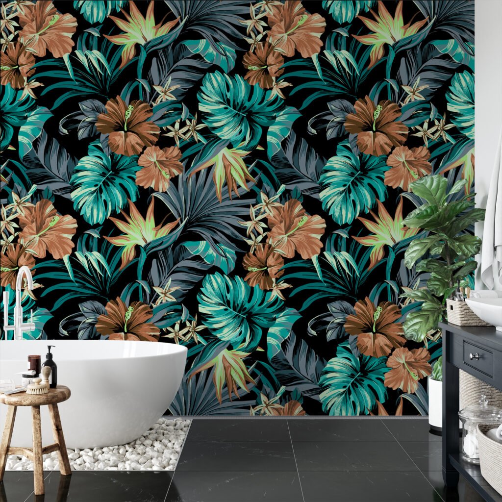 Siyah Arka Plan Üzerinde Tropikal Yapraklar ve Çiçekler Duvar Kağıdı, Egzotik Yeşil ve Kahverengi Flora Duvar Posteri Çiçekli Duvar Kağıtları 2