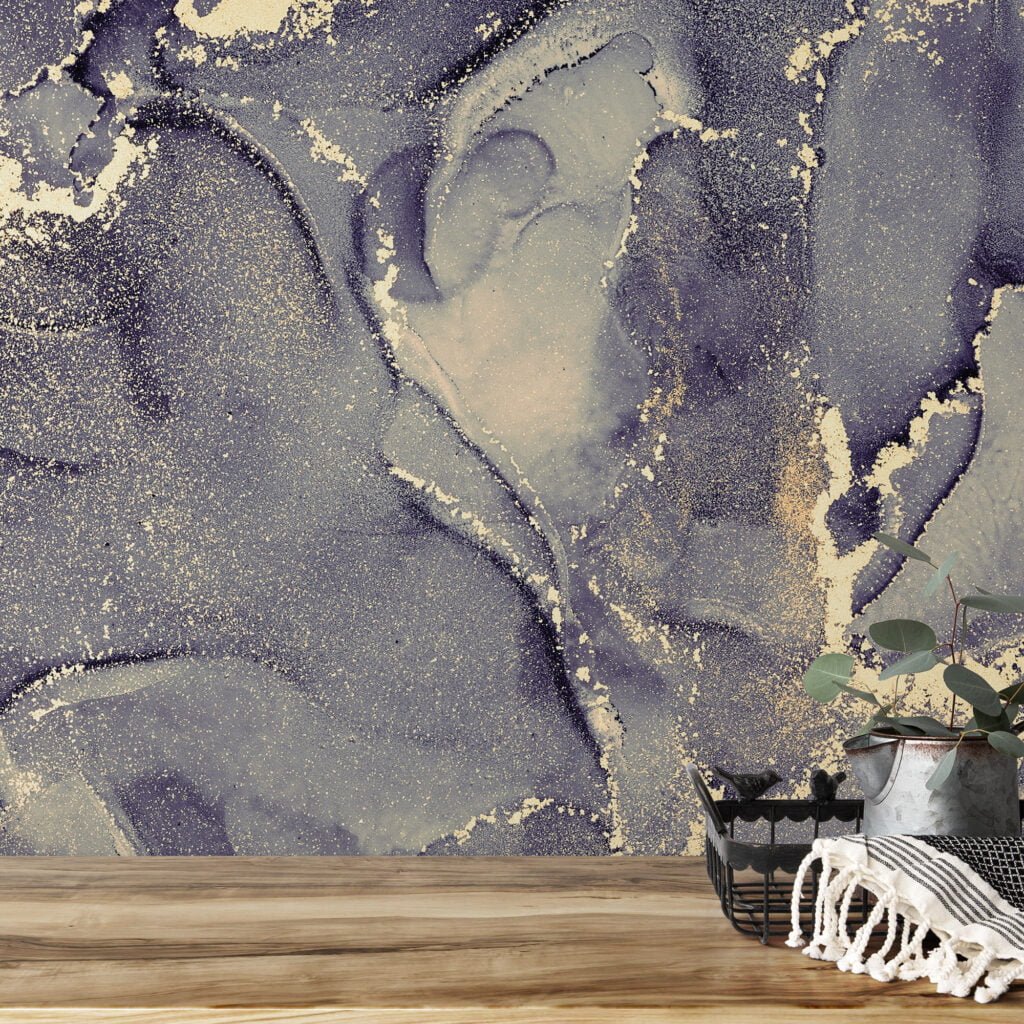 Koyu Renkli Mürekkep Sanatı Mermer Duvar Kağıdı, Altın İşlemeli 3D Duvar Posteri Mermer Duvar Kağıtları 4
