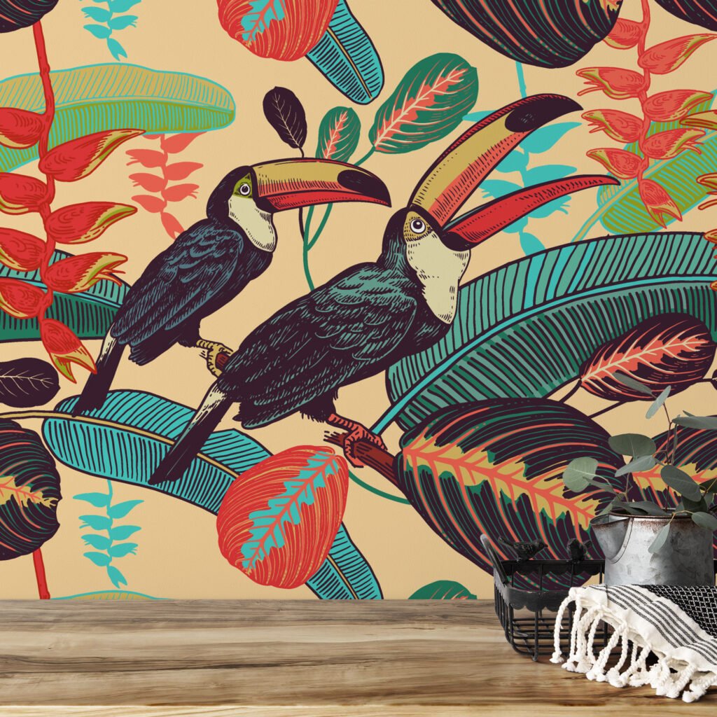 Retro Tropikal Tukanlar Duvar Kağıdı, Canlı Orman Tropik 3D Duvar Posteri Hayvan Motifli Duvar Kağıtları 3