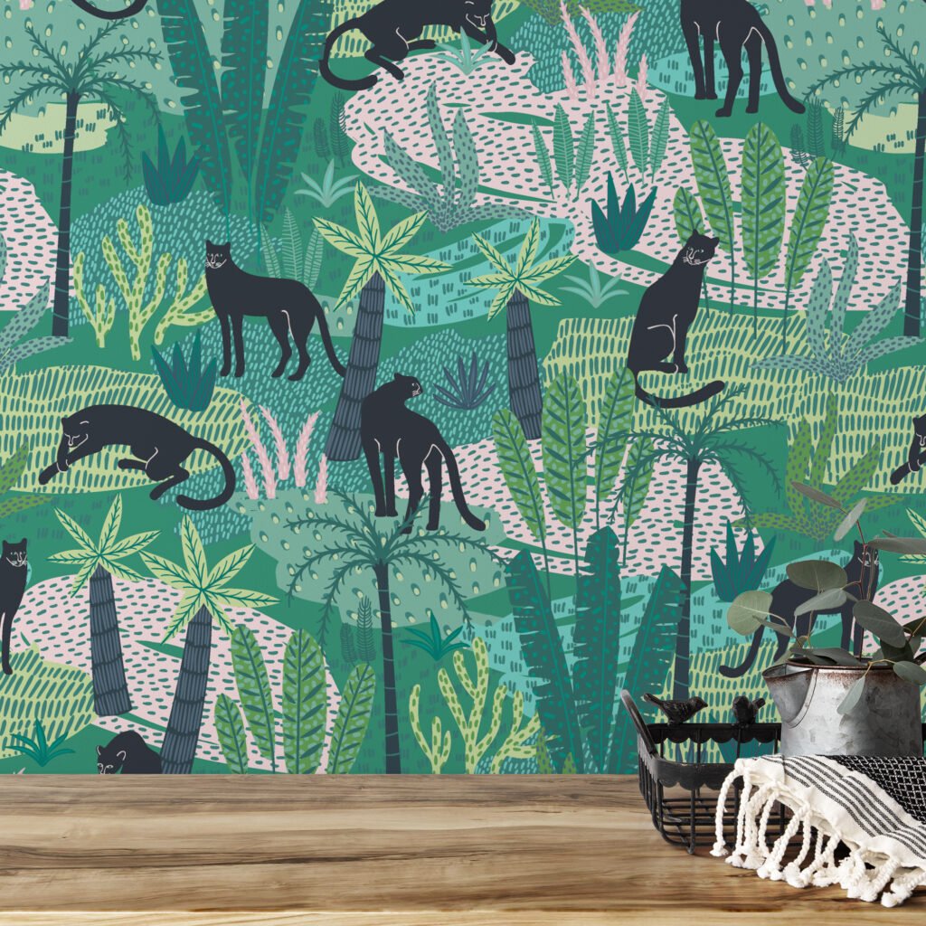 Tropikal Orman Desenli Panterler Duvar Kağıdı, Orman Safari Hayvan 3D Duvar Posteri Hayvan Motifli Duvar Kağıtları 3
