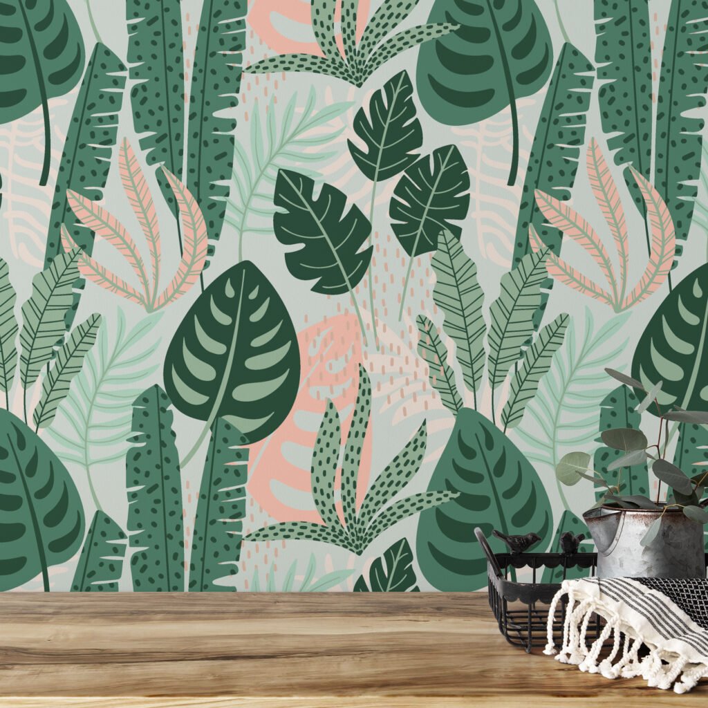 Monstera Yaprakları Yeşil Soyut Flat Art Duvar Kağıdı, Huzurlu Tropikal 3D Duvar Posteri Tropikal Duvar Kağıtları 3