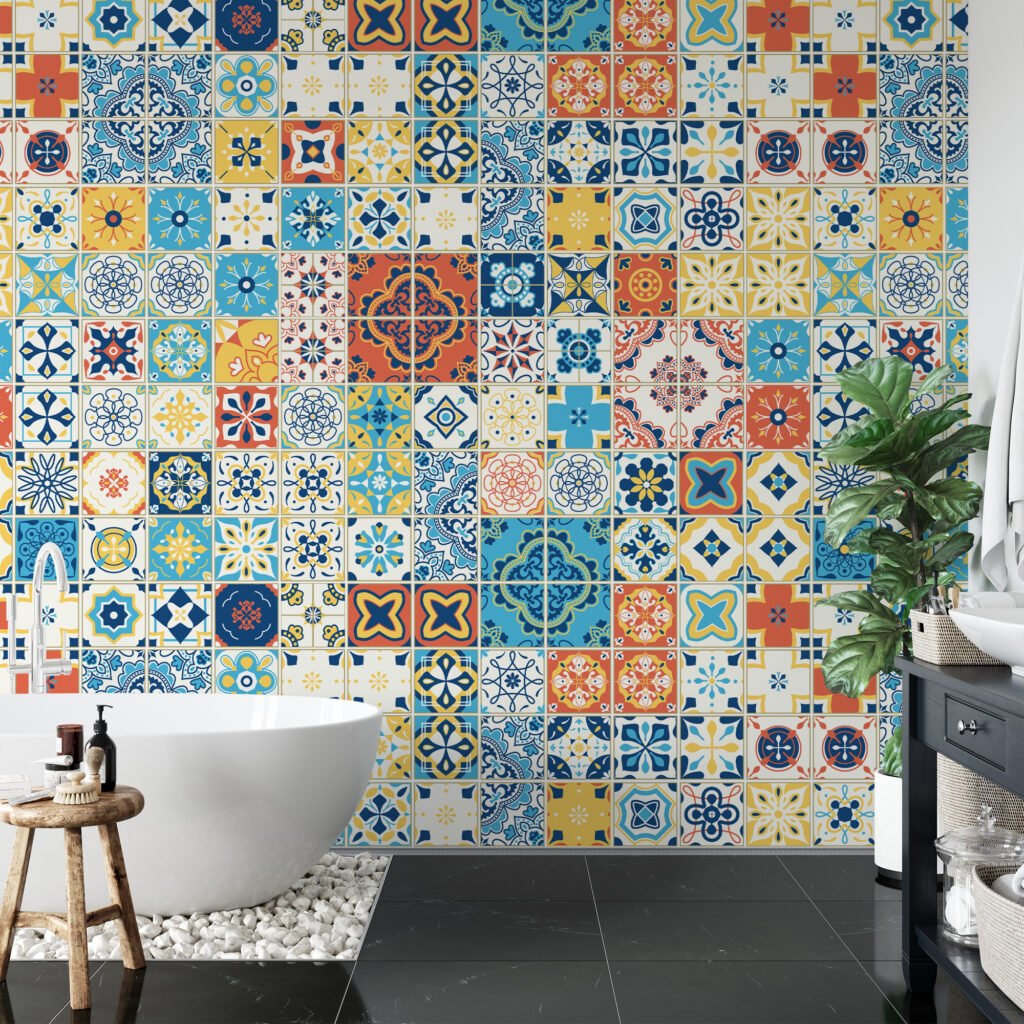 Retro Renkli Mozaik Desen İllüstrasyon Duvar Kağıdı, Akdeniz Cazibesi 3D Duvar Posteri Geometrik Duvar Kağıtları 4