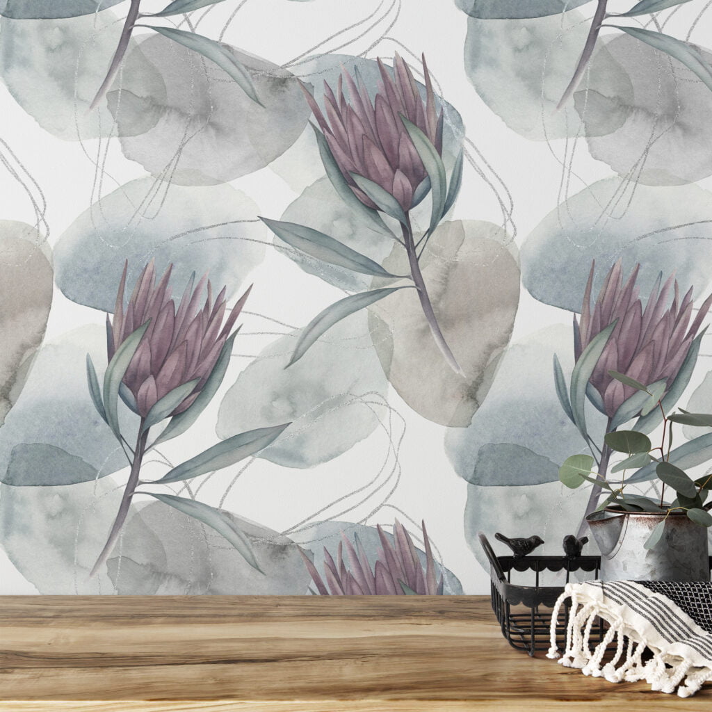 Sulu Boya Tarzı Çiçek Duvar Kağıdı, Huzurlu Protea Çiçekleri 3D Duvar Posteri Çiçekli Duvar Kağıtları 2