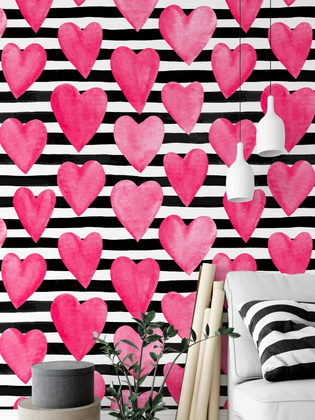 Sulu Boya Tarzı Pembe Kalpler Çizgi Desenli Duvar Kağıdı, Pembe Kalpler 3D Duvar Posteri Çocuk Odası Duvar Kağıtları 3