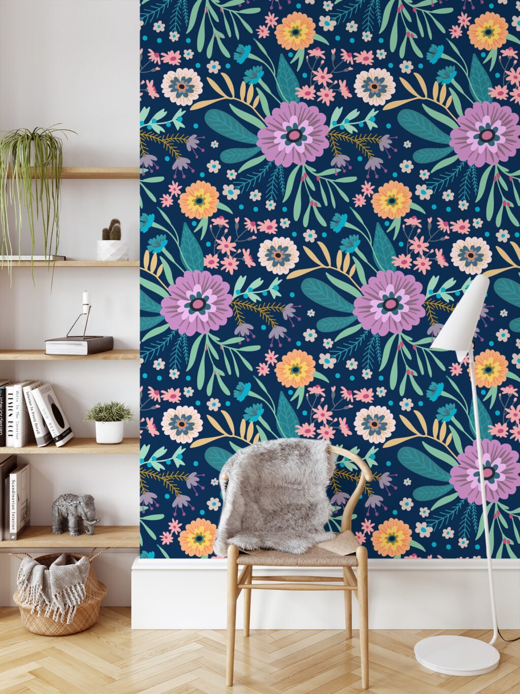 Floral Halk Sanatı Çiçekleri ve Koyu Zeminli Duvar Kağıdı, Büyülü Lacivert Bahçe 3D Duvar Posteri Çiçekli Duvar Kağıtları 2