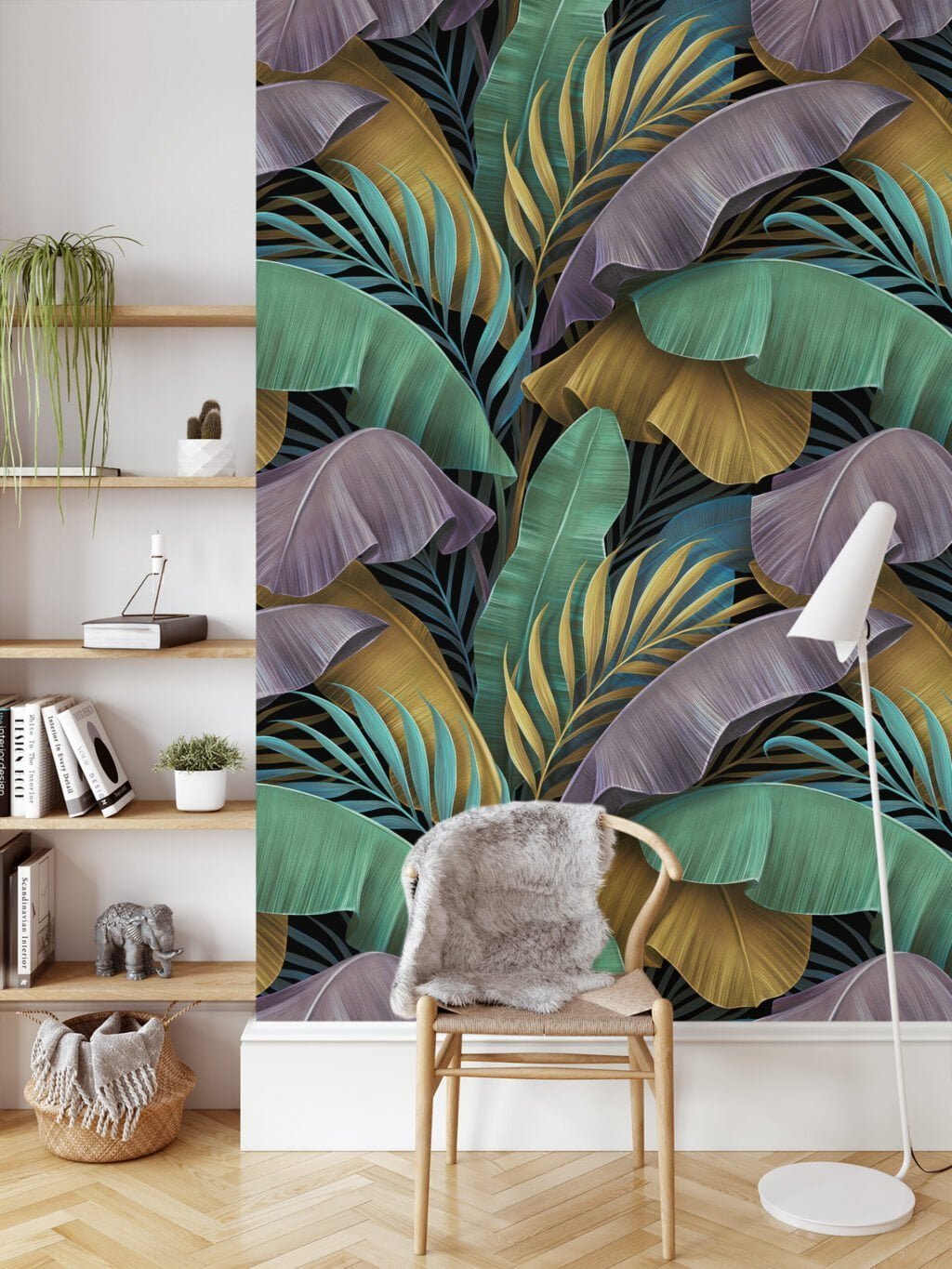 Koyu Arka Plan Üzerinde Büyük Renkli Tropikal Yapraklar Duvar Kağıdı, Lüks Tropikal 3D Duvar Posteri Tropikal Duvar Kağıtları 6