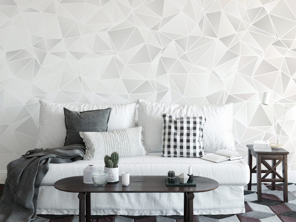 Geometrik Beyaz Ve Gri Üçgenler Duvar Kağıdı, 3D Modern Lüks Duvar Kağıdı 3D Duvar Kağıtları 3