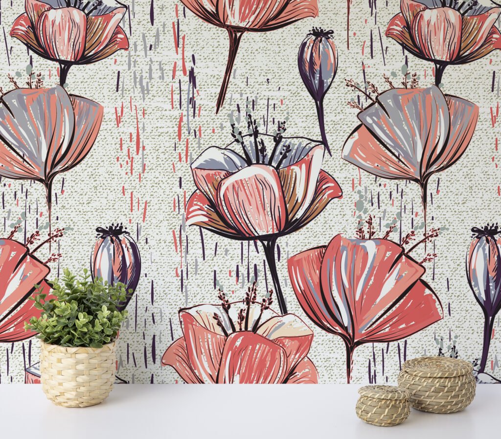 Çiçek İllüstrasyonlu Duvar Kağıdı, Abstract Lale Eskizi 3D Duvar Kağıdı Çiçekli Duvar Kağıtları 3