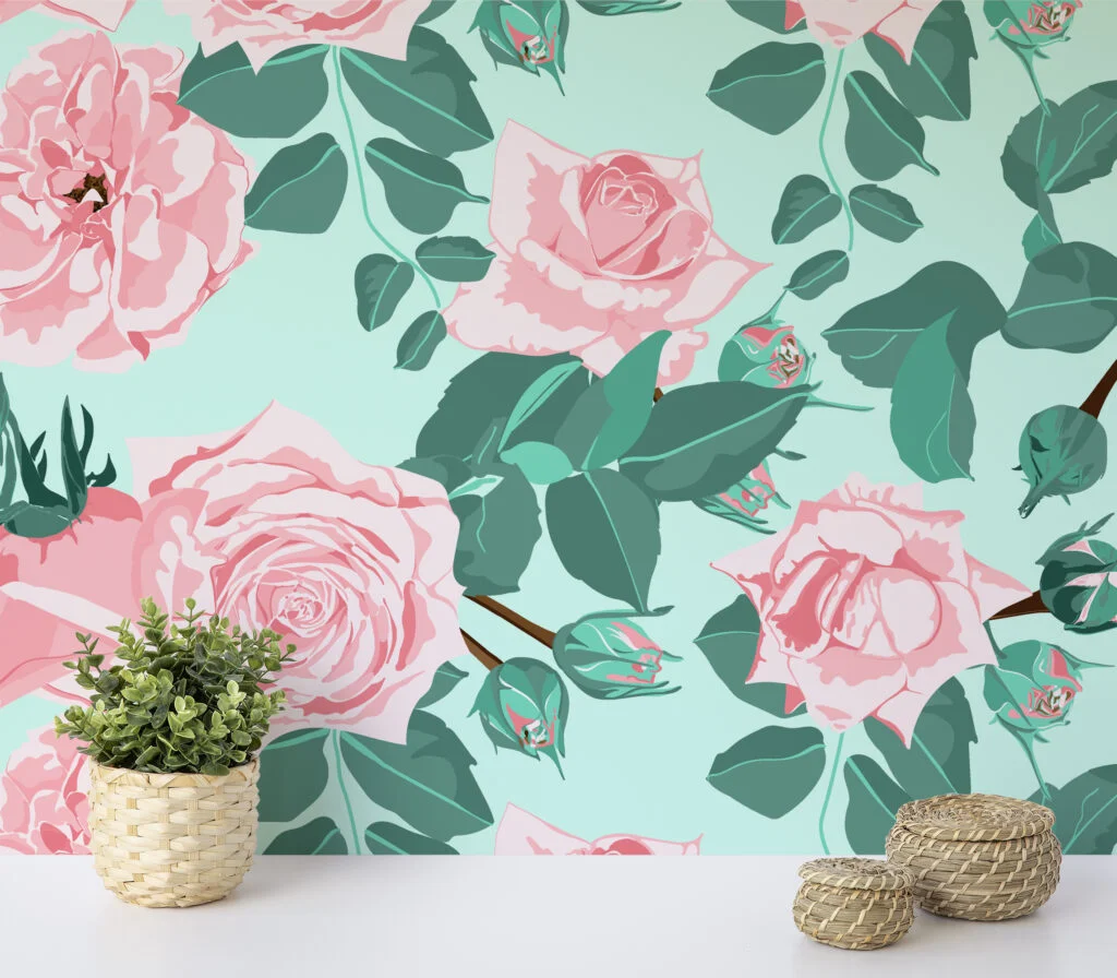 Pastel Pembe Yeşil Güller Duvar Kağıdı, Soft Pembe Çiçekler Duvar Posteri Çiçekli Duvar Kağıtları 5