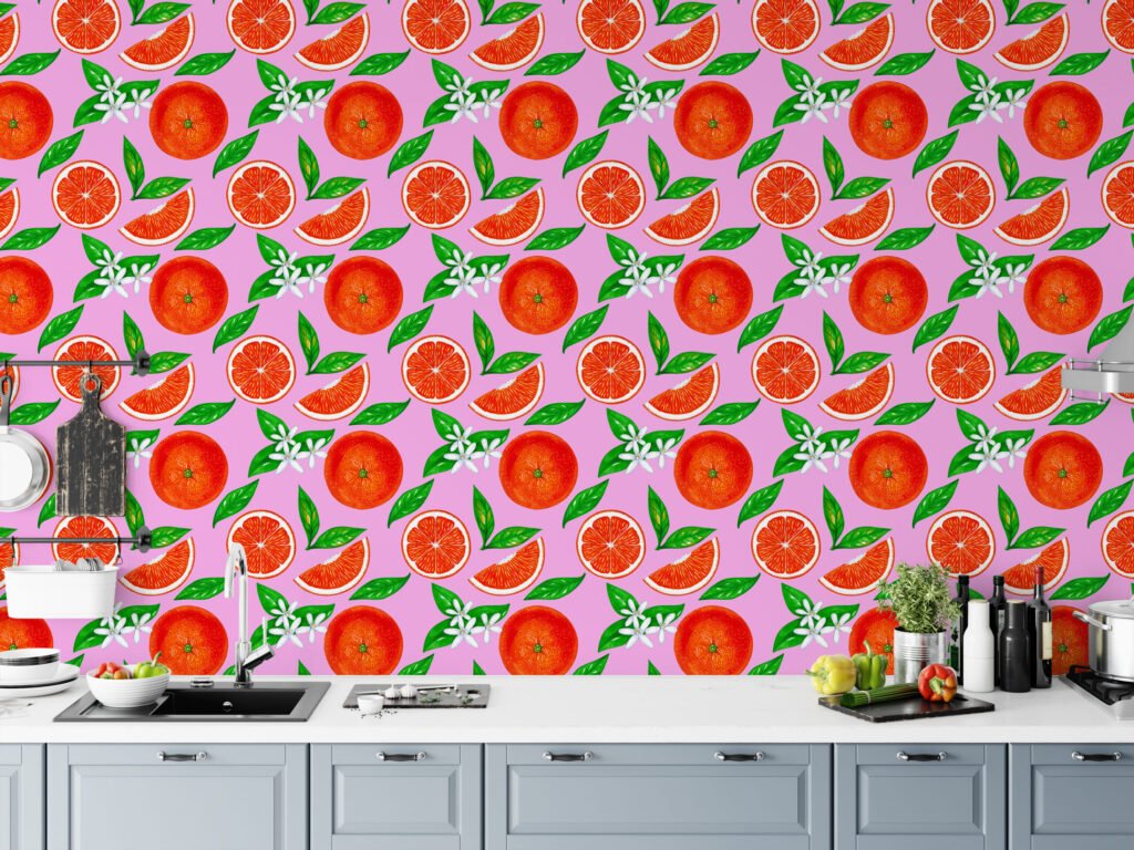 Pembe Arka Planlı Parlak Renkli Portakal Çizimi Duvar Kağıdı, Çiçek Açan Portakal Narenciye Duvar Posteri Çiçekli Duvar Kağıtları 3