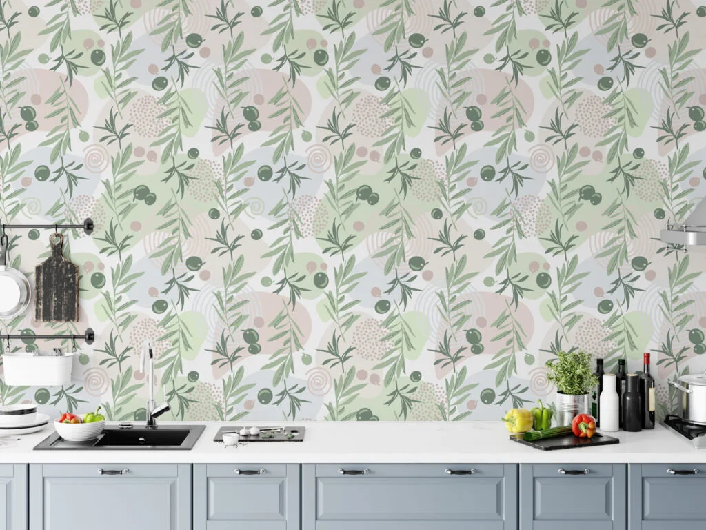 Flat Art Yeşil Zeytin Dalı Tasarımı Duvar Kağıdı, Soft Zeytin Bahçesi 3D Duvar Posteri Çiçekli Duvar Kağıtları 3
